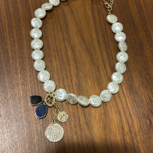 Coin Pearl Choker Necklace w mixed Charms, Faux Pearls & Gold Charms - Picture 3 of 4